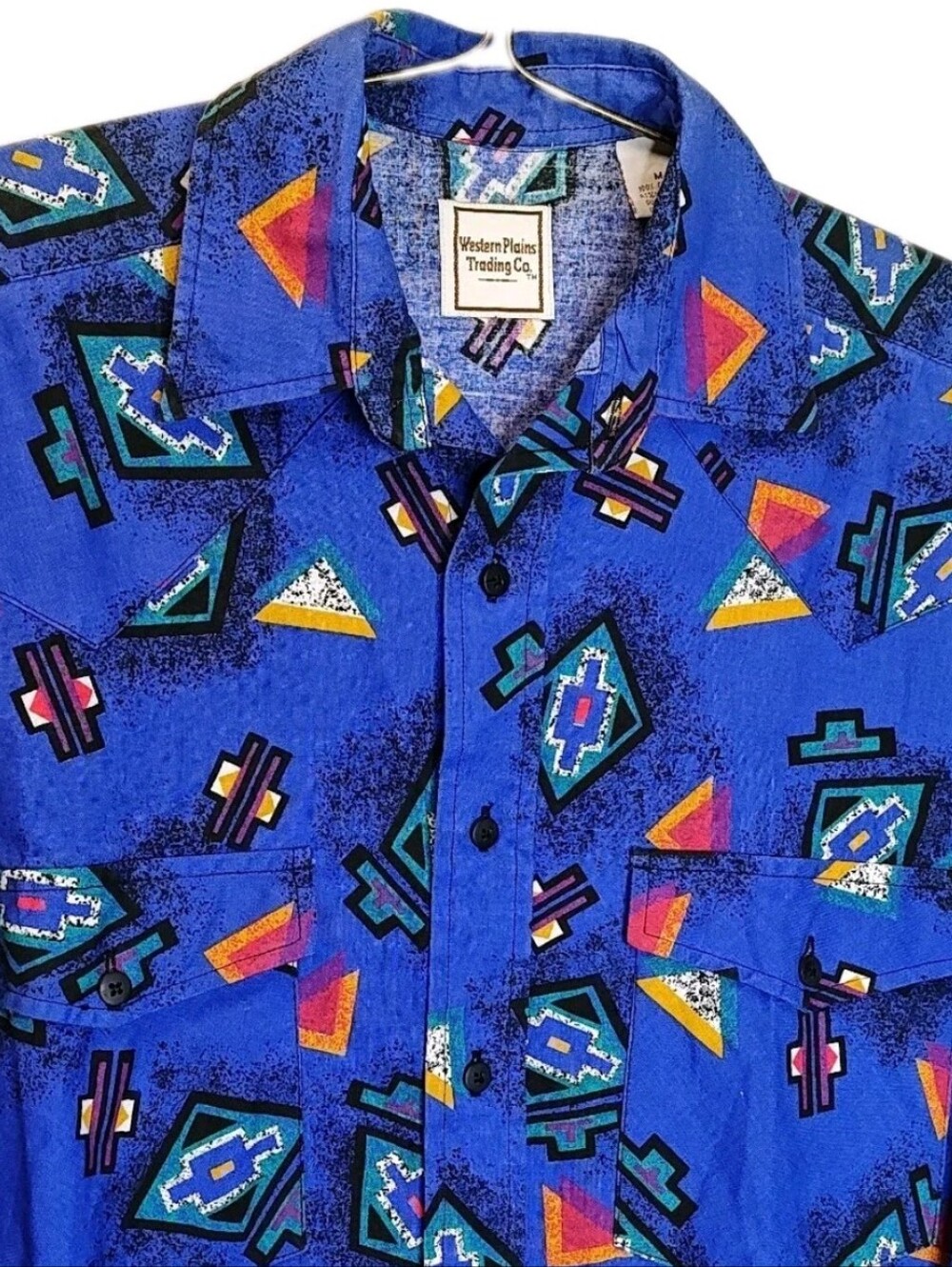 Vintage Western Shirt Men Med Blue Aztec Tribal Southwestern Brush Popper Read